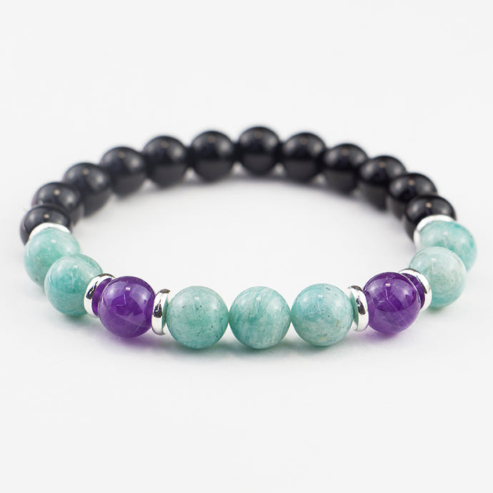 Amazonite, Amethyst, and Black Obsidian Bracelet