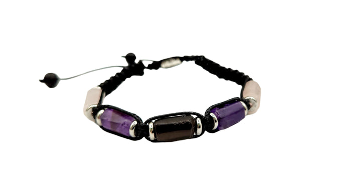 Amethyst, Rose Quartz and Black Obsidian Adjustable Bracelet