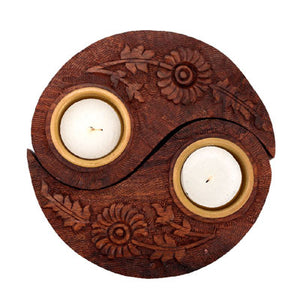 Yin Yang Carved Wood Tea Light Holder